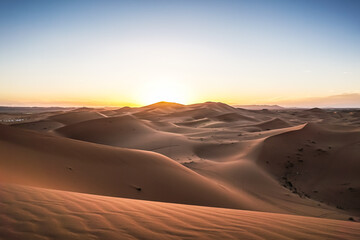 Golden hour in the Sahara Desert near Merzouga, Morocco