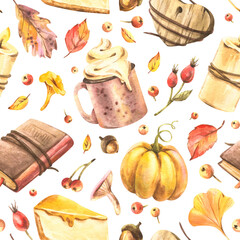 Cozy seamless pattern with mug, pumpkin, book, cheesecake, and autumn leaves, hand-painted watercolor illustration perfect for wrapping paper, fabric, wallpapers, and seasonal holiday designs.