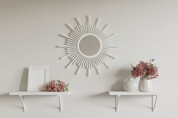 White sunburst mirror and decorative items on shelves against a neutral wall shelf