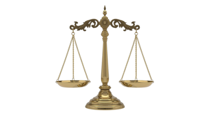 Golden scales justice stand alone with transparent background for law, government, finance posters.