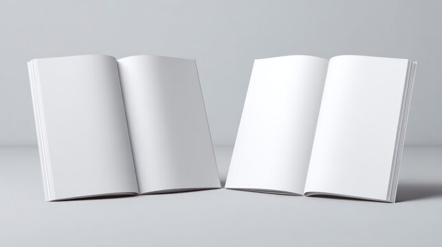 Two open blank booklets. Both have their pages displayed against a light grey backdrop