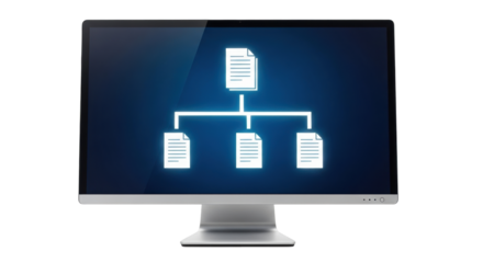 Isolated monitor showing hierarchy with documents organization charts and business diagrams
