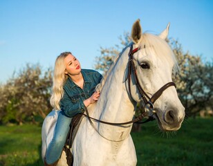 Obraz premium Woman riding white horse in orchard