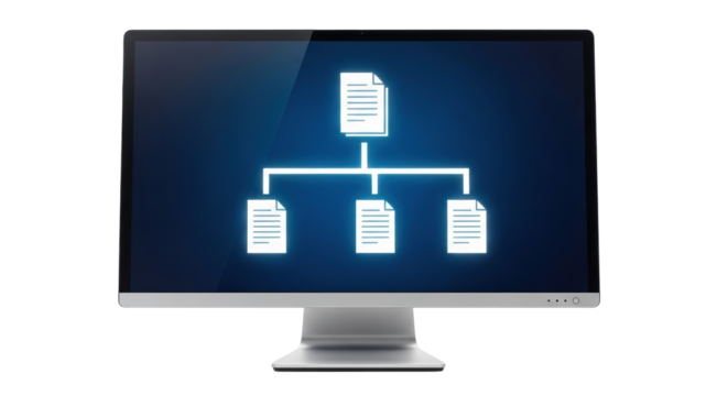 Isolated monitor showing hierarchy with documents organization charts and business diagrams