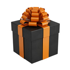 Black Halloween gift box with orange ribbon isolated on white background. Generative AI. Elegant dark gift container adorned with a vibrant autumnal bow perfectly set against a pure white