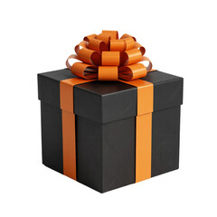 Black Halloween gift box with orange ribbon isolated on white background. Generative AI. Elegant dark gift container adorned with a vibrant autumnal bow perfectly set against a pure white