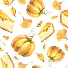 Seamless pattern with pumpkins, cheesecake, and autumn leaves in warm seasonal tones, created as a hand-painted watercolor illustration, perfect for packaging, fabric, and wrapping paper.