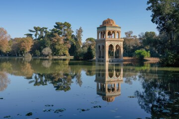 Fototapeta premium A tranquil park scene featuring a calm lake reflecting a unique gazebo-like structure. Autumnal trees surround the serene water