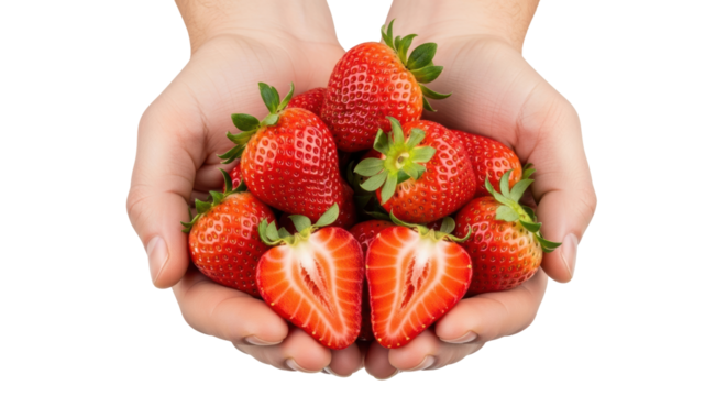 Isolated pile of freshly picked strawberries held by two hands, with one cut in half