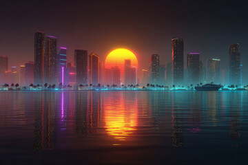Fototapeta premium Retro futuristic neon city skyline with synthwave colors reflecting on water, featuring vibrant sunset