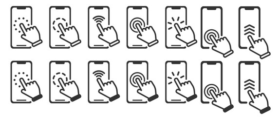 Hand touch screen smartphone. Click on the smartphone. Electronic device art. Touch screen icons