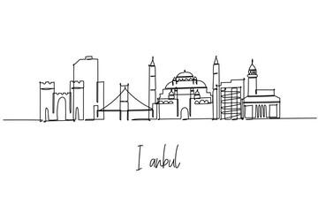 Single line drawing of Istanbul skyline with mosque and bridge