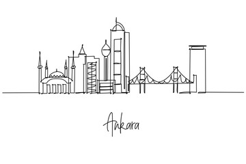 Continuous line drawing of Ankara skyline with mosques and towers