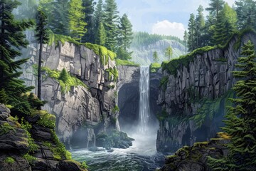 Ultra Quality Picture of Landscape View of Waterfall in Deep Gorge