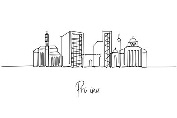 One line drawing of Pristina skyline with modern landmarks