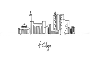One line drawing of Antalya skyline with mosque and towers