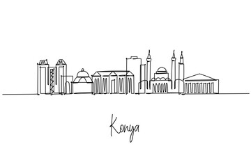 One line drawing of Konya skyline with mosques and cultural sites