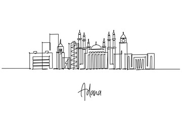 Single line drawing of Adana skyline with mosque and clock tower