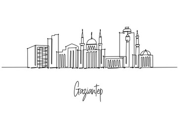 Continuous line drawing of Gaziantep skyline with mosque and towers