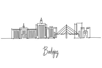 One line drawing of Badajoz skyline with bridge and fortress