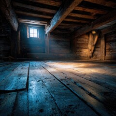 Sunlit attic with aged wooden beams, floorboards, and a small window casting a dramatic light beam