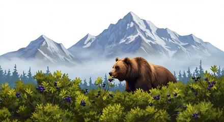 茶色の熊、雪山と緑の植物の中を歩く