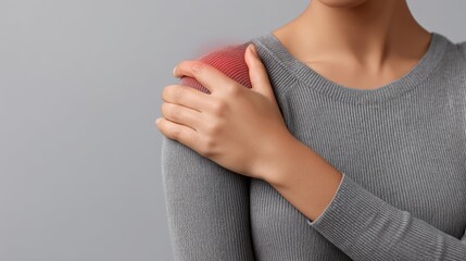 Woman with shoulder pain touching her shoulder, showing discomfort and seeking relief against a smooth gray background