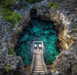 Elevated view of a secluded cove, featuring a plunge pool and stone steps descending into turquoise water, surrounded by dramatic cliffs.