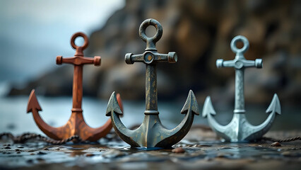 Three anchors of different colors and materials on the shore