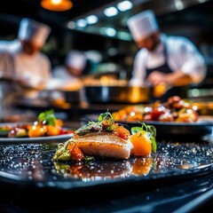 Masterfully seared gourmet fish entree adorned with premium ingredients vibrant, fresh garden herbs and premium ingredients juicy roasted tomatoes elegantly served on a dark reflective premium ingredi