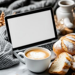Cozy hygge inspired work from home setup with a warm, latte comforting food featuring delicate art artisanal baked bread comforting food and comforting food a modern laptop on a soft knitted blanket p