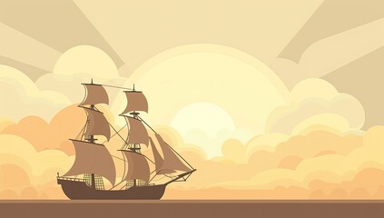 A stylized illustration depicts a three-masted sailing ship navigating a calm sea at sunset, silhouetted against a warm, sunlit sky filled with stylized clouds