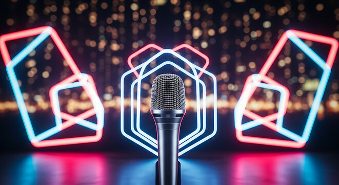 Microphone in a neon-lit environment with geometric shapes
