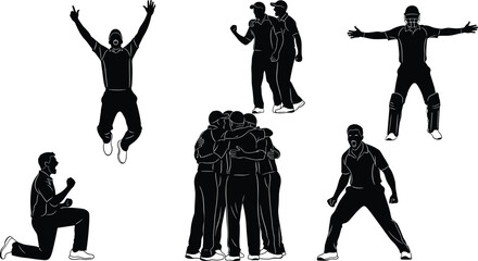 Cricket players team silhouettes celebrating victory, sports celebration poses, cricketers cheering, teamwork, success, match winning moment, athletes illustration vector