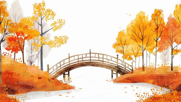A picturesque autumn scene featuring a wooden arched bridge spanning a calm stream, flanked by hillsides adorned with vibrant foliage in warm hues of orange and yellow