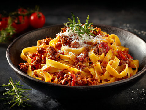 Delicious fettuccine pasta with meat sauce served in a stylish black bowl on a dark background