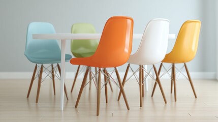 Fototapeta premium Bright and Modern Dining Space with Colorful Plastic Chairs Around a White Table on Light Wooden Floor Surrounded by Soft Natural Light