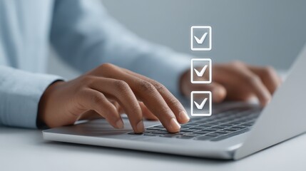 A person typing on a laptop keyboard with a checklist graphic overlay representing organizational tasks and productivity in a modern workspace setting