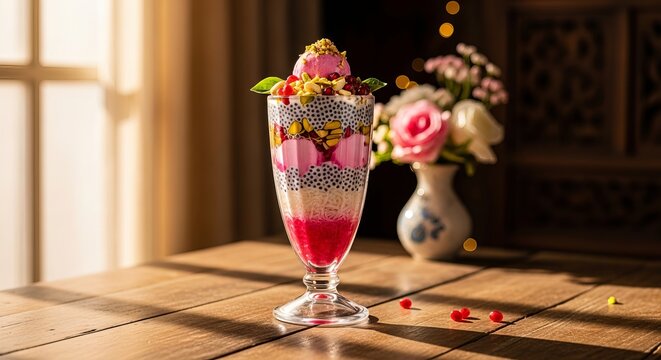 Delicious falooda dessert with rose syrup and basil seeds on wooden table