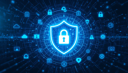 Data Security and Encryption Icon Featuring Cyber Shield Representation for Secure Information Protection, Encrypted Data Flow, Cybersecurity Defense Mechanisms, and Modern Digital Security