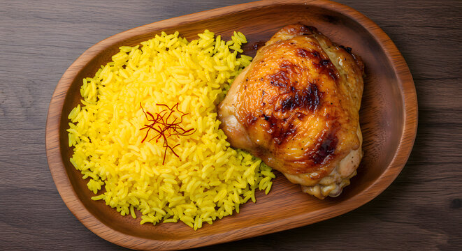 Roasted Chicken Thigh with Vibrant Yellow Rice on Wooden Plate