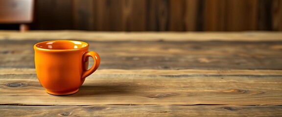 A vibrant orange ceramic coffee cup sits on a rustic wooden table,  handle,  drinkware