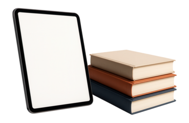 Digital tablet with blank display next to stacked books, representing e-learning.