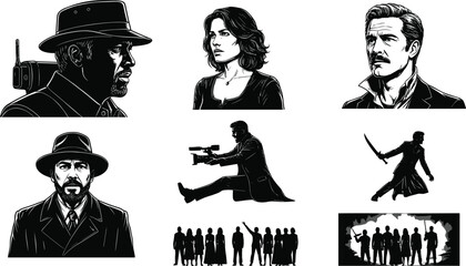 Film noir style silhouettes, detective characters, action hero, dramatic cinematic figures, vintage movie scene, mystery crime story illustration, Hollywood inspiration
