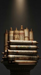 Naklejka premium Vintage Bottles and Rolled Documents Stacked on a Dark Background with Spotlight.