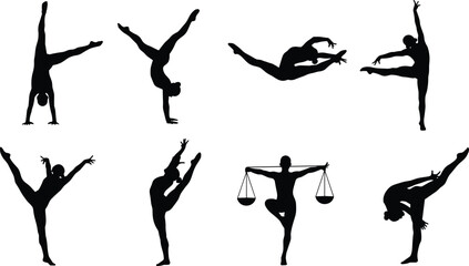 Fototapeta premium Gymnast and dancer silhouettes performing acrobatics, balance, flexibility, handstand, split, artistic gymnastics, yoga poses, fitness training illustration vector