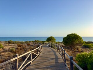 evening light at the coast with dunes near Marbella, wooden walkway to the Mediterranean Sea, Costa del Sol in the summer, Andalusia, Spain