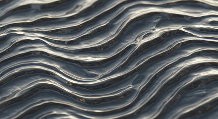 Abstract macro view of undulating dark gray ripples, a natural textured background of wet sand or mud with flowing lines