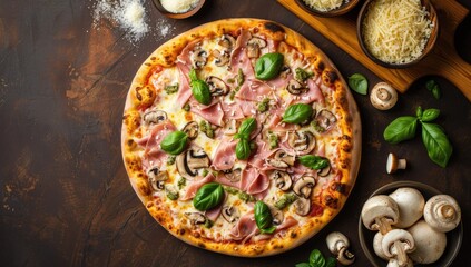 Overhead shot of a rustic pizza topped with ham, mushrooms, cheese, and basil, surrounded by fresh ingredients
