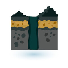Abstract geological diagram of earth layers with a deep vertical excavation or mine shaft